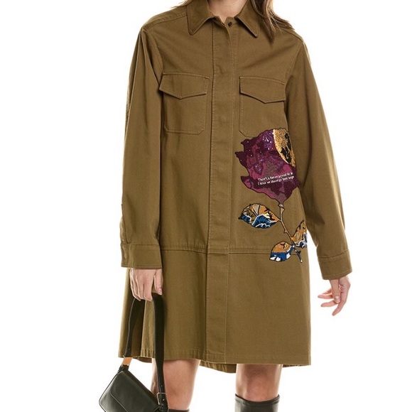 VALENTINO EMBELLISHED COAT IN KHAKI COLOR W/EMBELLISHED FLORAL AND MESSAGE SZ 42 - Picture 1 of 12